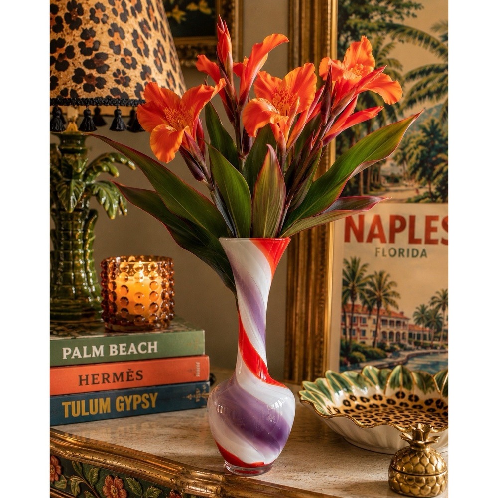 Beautiful Art Glass Bud Flower Vase Vessel Orange White Purple Swirl 8"
